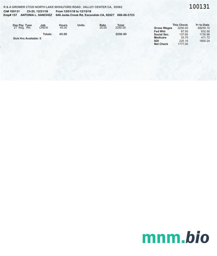 R & a Grower pay stub w formatach PDF i Word